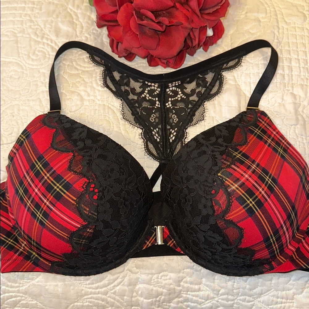 Cacique size 44 DD tartan plaid w lace detail & lace racerback bra